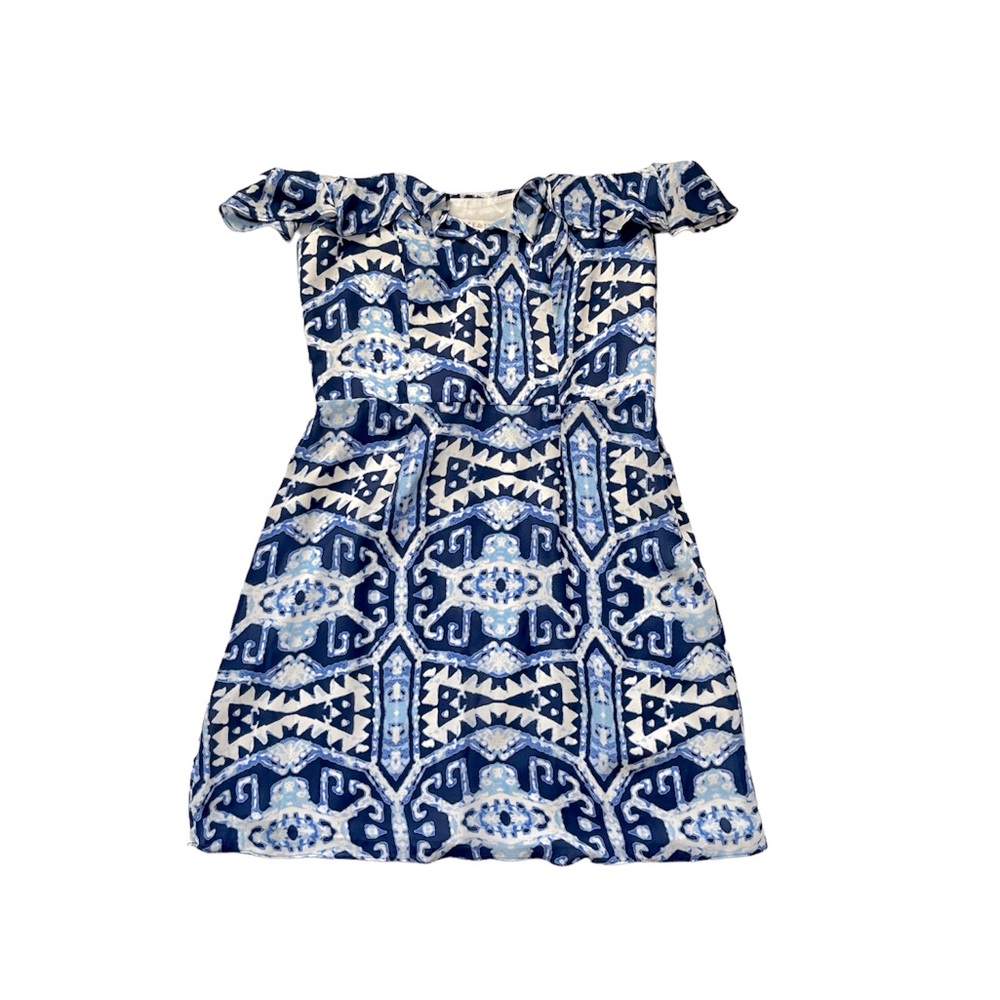 NWT Alice and Trixie 100% silk dress blue and white off shoulder